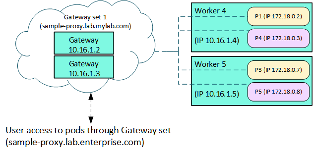 Illustration showing proxy mapping to pods through a gateway set