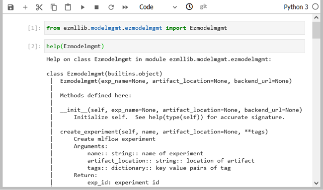 Notebook with example of importing Ezmodelmgmt and getting help