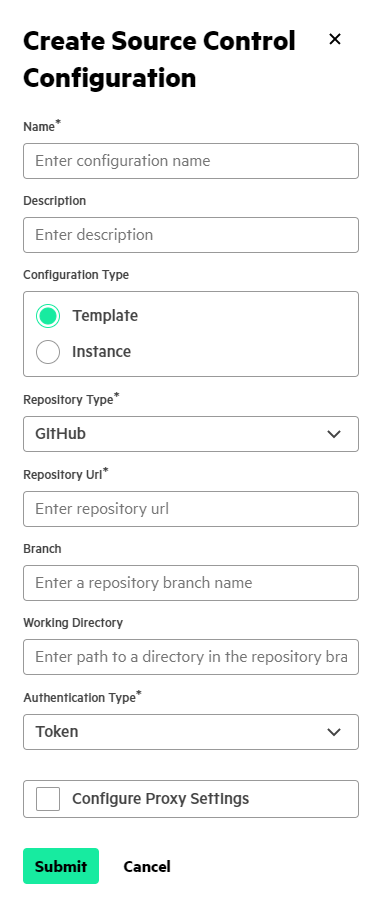 Create Source Control Configuration side-drawer