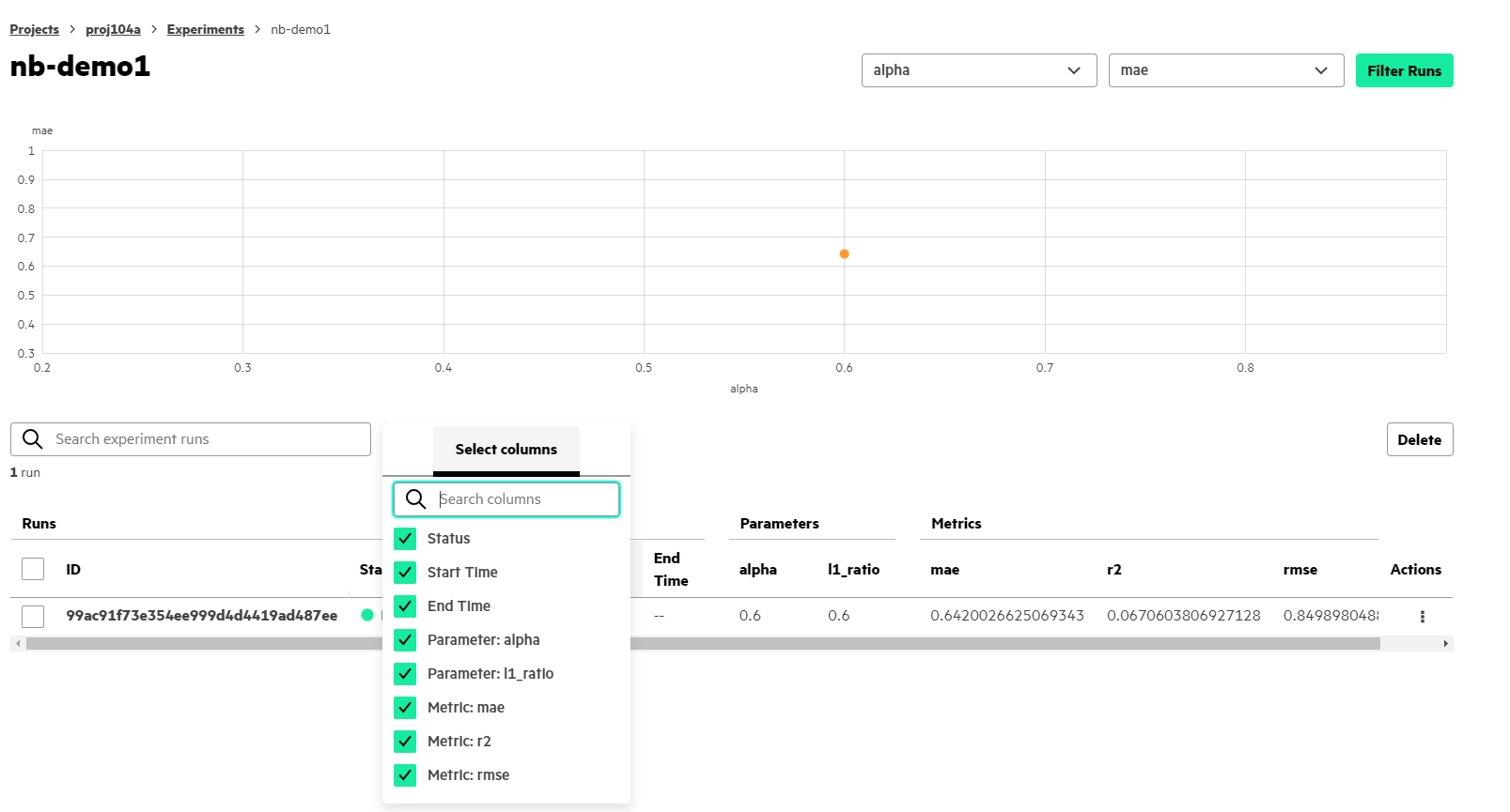 Select Columns dropdown menu on Experiment Runs screen