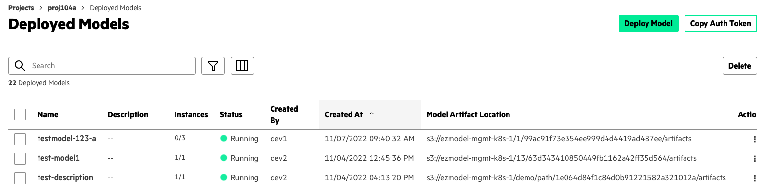 Deployed Models screen