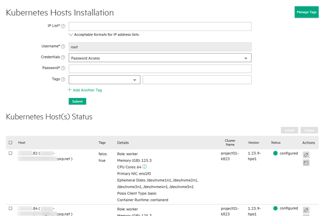 Kubernetes Hosts Installation screen