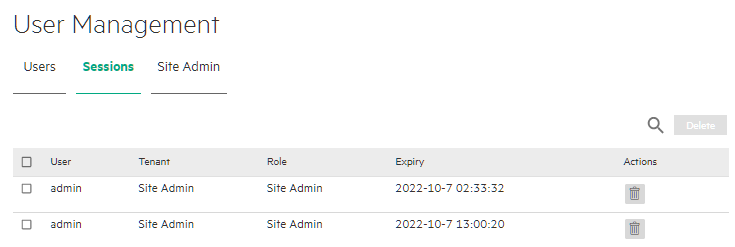 User Management screen Sessions tab